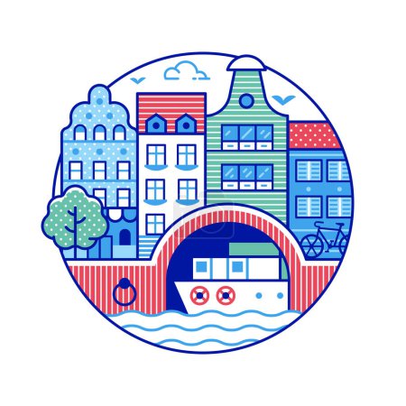 Ilustración de Viaje icono de Amsterdam con canales, barcos y casas de comerciantes. emblema del círculo de la capital holandesa con atracciones turísticas en línea diseño de arte. - Imagen libre de derechos
