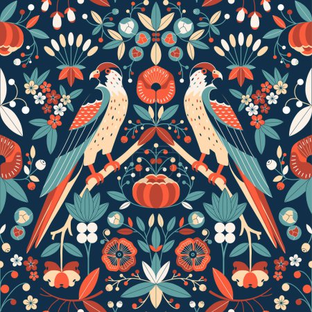 Illustration for Falcons in Art Nouveau garden vintage seamless pattern. Kestrel bird of prey sitting on tree branch admits blooming flowers and modern botanical motifs. Botanical repeating background with hawk. - Royalty Free Image