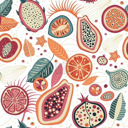Illustration for Exotic fruits and tropical leaves pattern in bright vintage colors. Summer fruit slices repeating design. Retro ornament with papaya, pomegranate, fig, citrus and pitaya seamless background. - Royalty Free Image