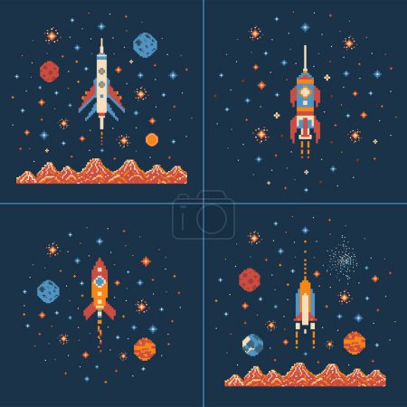 Ilustración de Escenas de videojuegos de galaxias arcade retro de 8 bits con diferentes cohetes espaciales y naves en el cosmos con estrellas y planetas. Ilustraciones nostálgicas de naves espaciales de la era de los juegos de 8 bits. - Imagen libre de derechos
