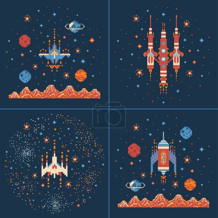 Illustration for 8 bit retro arcade galaxy video game scenes with different space rockets and ships in cosmos with stars and planets. Nostalgic spacecraft illustrations from 8-bit gaming era. - Royalty Free Image