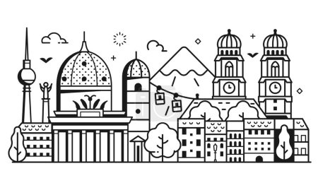 Illustration for Travel Germany scene of Berlin and Munich cityscape with Frauenkirch, Dome cathedral and Brandenburg gate inspired architectural landmarks. German tourist symbols panoramic banner in line art design. - Royalty Free Image