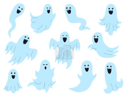 Téléchargez les illustrations : Collection fantôme drôle et effrayant pour les dessins d'Halloween. Ensemble monochrome de fantômes souriants dessinés à la main. - en licence libre de droit