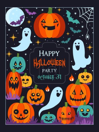 Illustration for Halloween invitation card with spooks, bats and pumpkins. Halloween monster party flyer with old gothic ghost cemetery. - Royalty Free Image