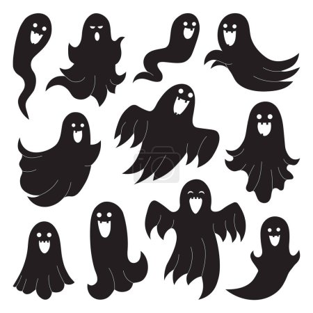 Ilustración de Divertidas y espeluznantes siluetas fantasmas para diseños de Halloween. Conjunto monocromático de contornos dibujados a mano, fantasmas sonrientes y espíritus. - Imagen libre de derechos