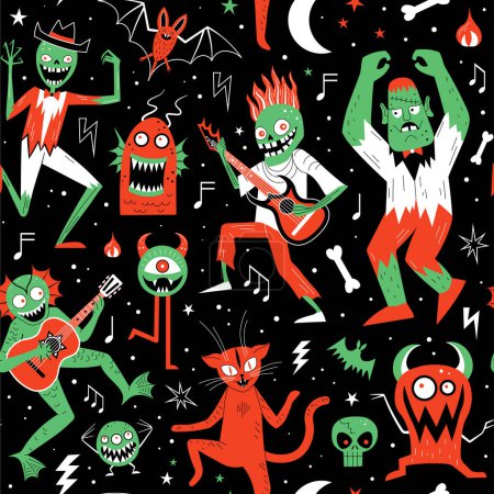 Illustration for Rocking monster mash festive seamless pattern. Spooky monsters dancing and playing guitar. Repeating design with zombie, cute cat, ghost, bat and weird characters having fun on holiday horror party. - Royalty Free Image