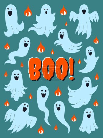 Illustration for Halloween banner or card with various smiling and screaming ghosts. Halloween party poster with spooks, spirits and specters. - Royalty Free Image