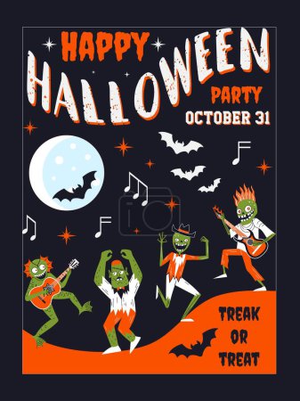 Illustration for Happy Halloween retro invitation card with spooky monsters dancing and playing guitar. Halloween monster mash party flyer with old gothic ghost cemetery. - Royalty Free Image