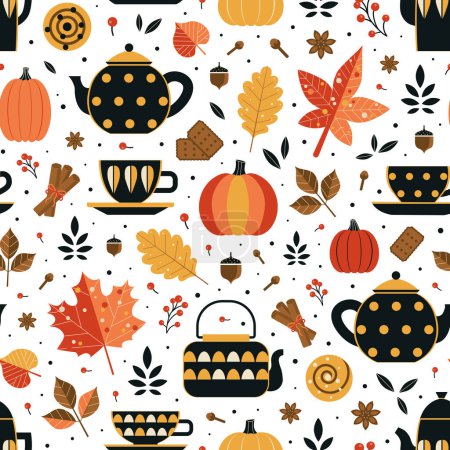 Illustration for Autumn mood pattern with tea pots, fallen leaves, pumpkin, spices and pastry. Swedish fika coffee brake seamless background with foliage, branches, candies and hot drinks in geometric. - Royalty Free Image