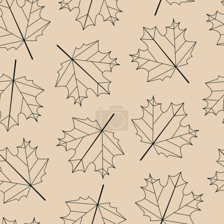 Illustration for Autumn maple leaves pattern. Falling leaf seamless background in line art style. Autumn mood forest print for textile or wrapping paper. - Royalty Free Image