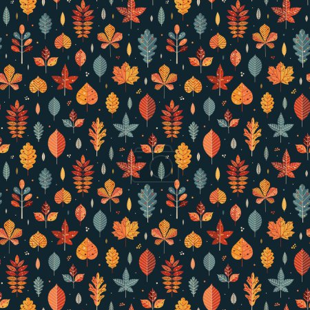 Illustration for Autumn leaves pattern. Falling leaf seamless background with Oak, maple, chestnut, linden, aspen, walnut and rowan foliage in cartoon style. Autumn mood forest print for textile or wrapping paper. - Royalty Free Image