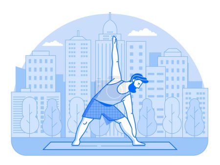 Téléchargez les illustrations : Homme barbu pratiquant le yoga en pose triangle sur la scène artistique ligne de la nature. Homme faisant des exercices de remise en forme sur tapis de yoga dans le parc de la ville avec des arbres et des gratte-ciel sur fond. Concept de mode de vie sain. - en licence libre de droit