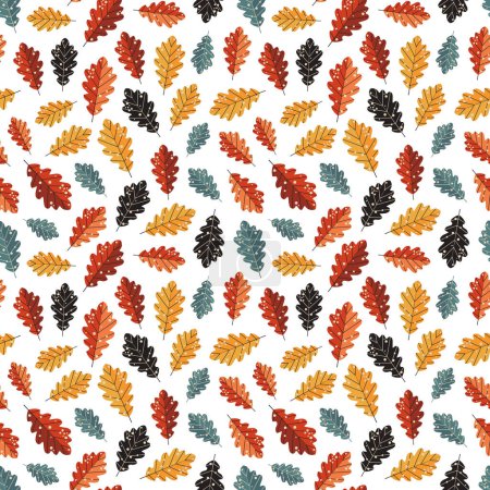Illustration for Autumn oak leaves pattern. Falling leaf seamless background in cartoon style. Autumn mood forest print for textile or wrapping paper. - Royalty Free Image