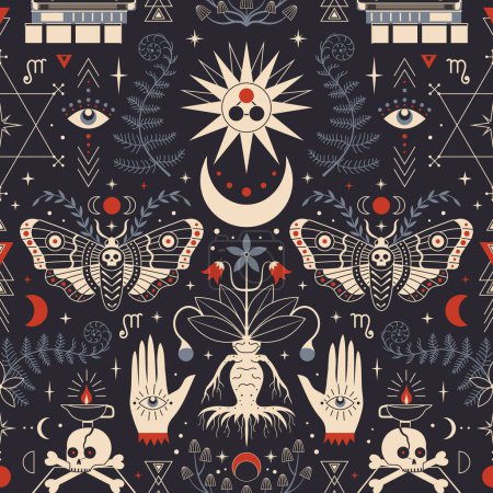 Whimsy and gothic pattern with botanical, astrological and alchemy symbols intertwine with death head moth, mandragora and occult symbols. Magic and witchcraft print on dark seamless background.