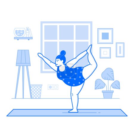 Téléchargez les illustrations : Corps féminin positif pratiquant le yoga à la maison. Plus fille taille faisant des exercices de remise en forme sur tapis de yoga dans le salon avec fenêtre et plantes. Sports d'intérieur pour les femmes style de vie sain ligne art concept. - en licence libre de droit