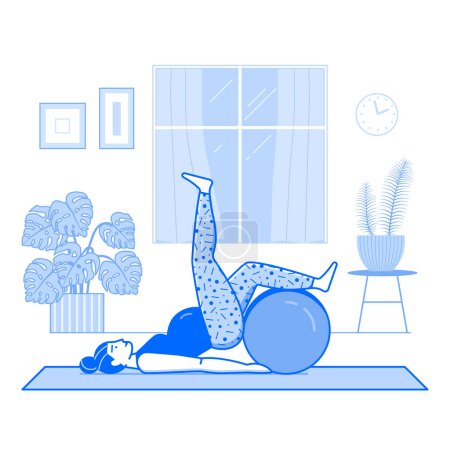 Illustration for Pregnant woman doing fitness exercises using fitball at home. Female practicing yoga asana on yoga mat in living room on ball. Prenatal yoga practice indoor workout scene. - Royalty Free Image