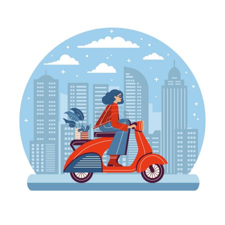 Ilustración de Chica montando scooter rojo retro y plantas de transporte en el maletero de la bicicleta. Mujer conduciendo moto vintage con plantas de interior. Joven conductor femenino caucásico de fondo con ciudad moderna con rascacielos. - Imagen libre de derechos