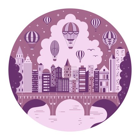 Illustration for Vintage hot air balloons flying over modern city with skyscrapers and old bridge. Retro aerostats fly above multistorey buildings on river bank. Circle shape romantic travel illustration. - Royalty Free Image