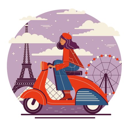 Ilustración de Chica en sombrero francés montar scooter retro en el fondo de París con monumentos famosos. Mujer joven conduciendo motocicleta vintage en Francia. Turismo urbano francés concepto itinerante ilustración. - Imagen libre de derechos