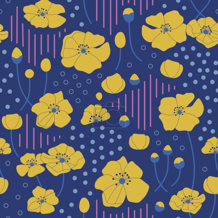 Téléchargez les illustrations : Fleurs de boutons d'or bulbeuses jaunes sur fond bleu, motif botanique vintage sans couture. Ranunculus blooms, des plantes à fleurs de prairie sur fond floral répétitif dessiné à la main dans des couleurs rétro. - en licence libre de droit