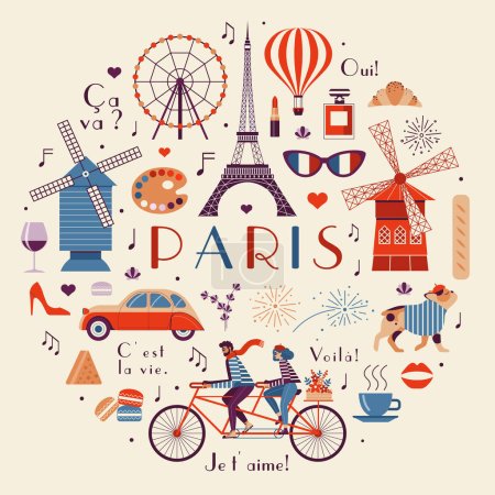 Illustration for Paris vintage travel illustration in circle shape with air balloons and people riding tandem bicycle. French tourism design elements, landmarks and popular cultural symbols. - Royalty Free Image