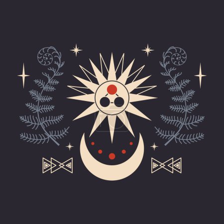 Téléchargez les illustrations : Icône occulte de sorcellerie et d'alchimie avec étoiles, lune et fougère magique. Astrologie et symbole mystique ésotérique. - en licence libre de droit
