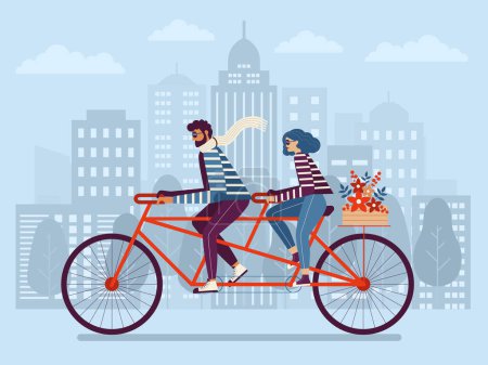 Téléchargez les illustrations : Couple à vélo tandem ensemble en ville. Jeune homme et femme faisant du vélo sur fond de ville moderne. Les gens de course mixte à vélo dans le parc de la ville, les activités de plein air et le concept de mode de vie actif. - en licence libre de droit