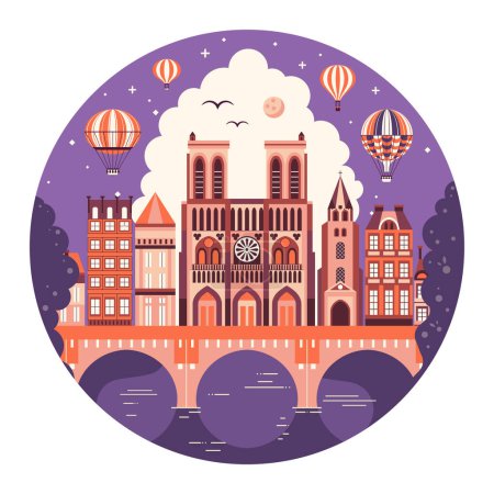 Illustration for Circle shape Paris travel illustration with France capital cityscape, air balloons, Notre Dame cathedral and french houses on the river Seine bridge. - Royalty Free Image