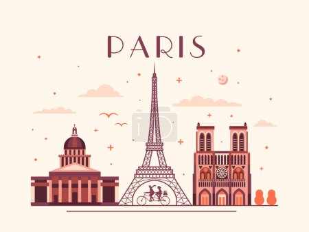 Ilustración de Monumentos franceses ilustración inspirada en monumentos arquitectónicos de París y como la Torre Eiffel, la catedral de Notre Dame y el Panteón. Postal de viaje retro con ilustración del skyline de la ciudad. - Imagen libre de derechos
