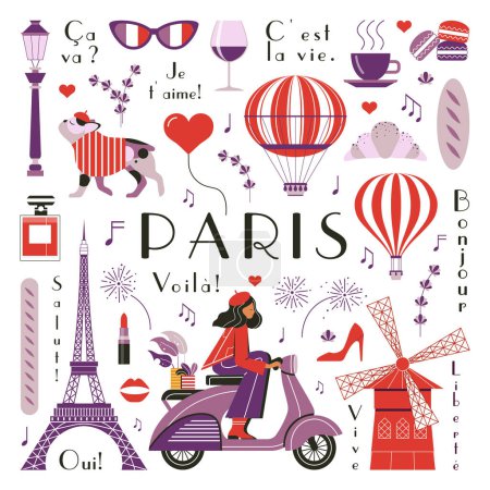 Illustration for Paris vintage travel elements set with woman riding scooter, Eiffel tower, retro car and fashion cliparts. French design elements collection of iconic landmarks, traditional food and cultural symbols. - Royalty Free Image