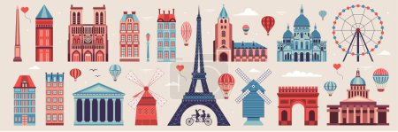 Illustration for Paris vintage web banner with travel monuments, popular buildings and air balloons. France capital architectural iconic landmarks and cultural symbols. - Royalty Free Image
