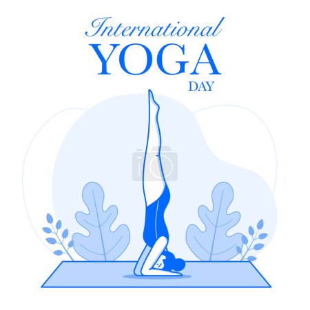 Illustration for Woman doing asana International Yoga Day card. Female in Yoga headstand pose. Yoga body posture exercise on yoga mat. Healthy lifestyle concept for poster template design. - Royalty Free Image