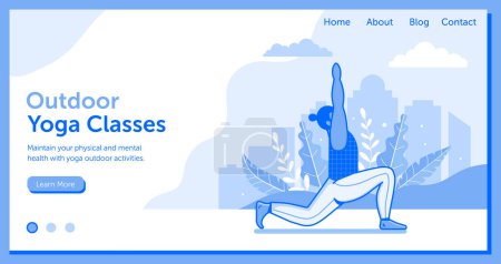 Illustration for Man practicing yoga asana outdoors on horizontal banner for yoga classes. Guy doing exercises in city park. Healthy lifestyle landing page or site template with male fitness on yoga mat. - Royalty Free Image