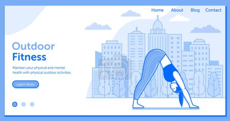 Téléchargez les illustrations : Femme pratiquant le yoga asana à l'extérieur sur la bannière horizontale pour les cours de yoga. Fille faisant des exercices dans le parc de la ville. Page d'atterrissage mode de vie sain ou modèle de site avec entraînement de fitness féminin en plein air. - en licence libre de droit