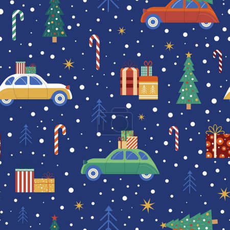 Ilustración de Patrón de Navidad vintage con coche viejo que lleva abeto festivo en su estante, adornos y regalos. Automóviles retro llevan árboles de Navidad en el techo sin costuras de fondo. - Imagen libre de derechos