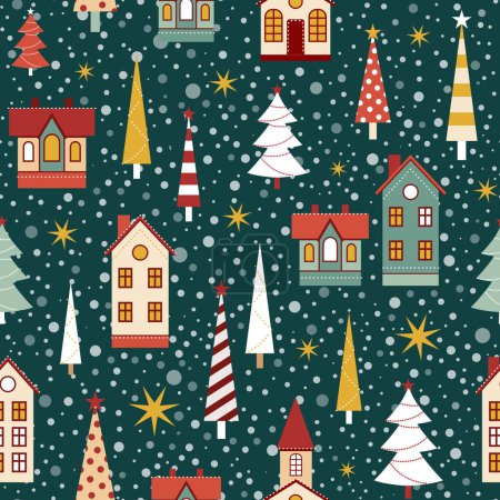 Ilustración de Patrón de Navidad vintage con árboles de vacaciones y casas de nieve festivas decoradas bajo las nevadas. Fondo sin costuras de Navidad de color retro para tela, textiles y papel de regalo. - Imagen libre de derechos