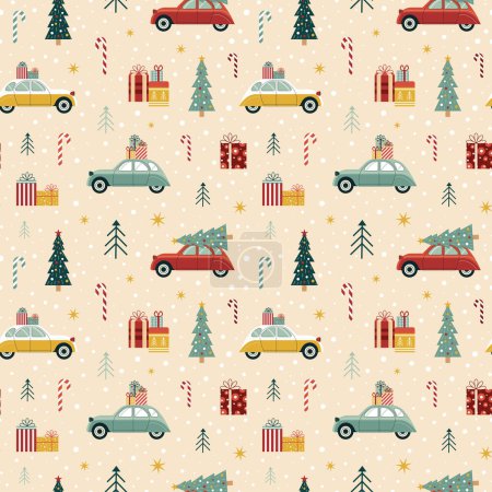 Ilustración de Patrón de Navidad vintage con coche viejo que lleva abeto festivo en su estante, adornos y regalos. Automóviles retro llevan árboles de Navidad en el techo sin costuras de fondo. - Imagen libre de derechos