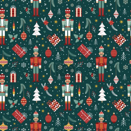 Illustration for Christmas seamless pattern with soldier nutcracker man, snowflakes, retro toys, berries, gifts and sweets. Vintage decorative Xmas ornament for fabric and gift wrapping paper. - Royalty Free Image