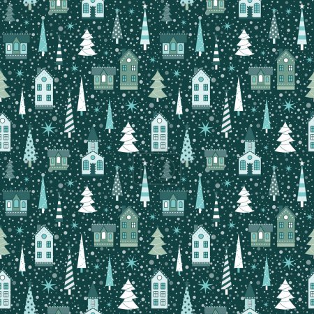 Ilustración de Patrón de Navidad vintage con árboles de vacaciones y casas de nieve festivas decoradas bajo las nevadas. Fondo sin costuras de Navidad de color retro para tela, textiles y papel de regalo. - Imagen libre de derechos