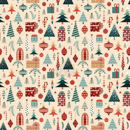 Illustration for Vintage Christmas pattern with festive tree, ornaments, gifts and branches in traditional green red colors. Retro Xmas seamless background for fabric, textiles and gift wrapping paper. - Royalty Free Image