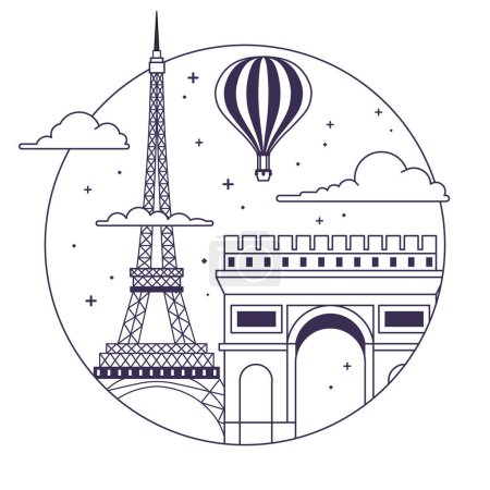 Illustration for Paris travel icon or emblem in circle shape with air balloon, Eiffel tower and the Arch of Triumph. France vacation illustration in line art design. - Royalty Free Image