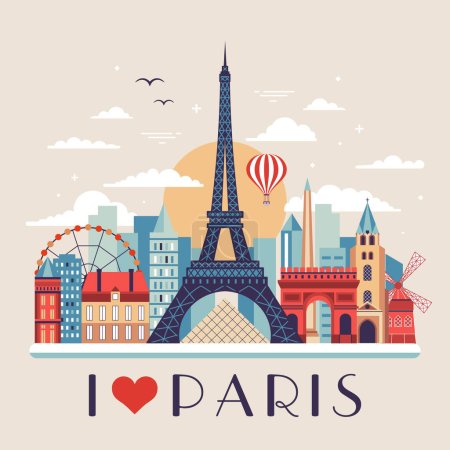Ich liebe Pariser Postkarten mit der Skyline der französischen Hauptstadt mit berühmten architektonischen Sehenswürdigkeiten und französischen Häusern. Retro Paris Illustration mit Eiffelturm und anderen Sehenswürdigkeiten und touristischen Symbolen.