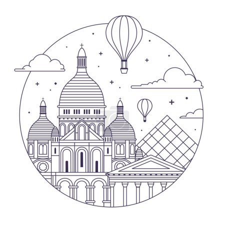 Illustration for Paris travel icon or emblem in circle shape with air balloons, Sacre Coeur church and famous museum pyramid. France vacation illustration in line art design with Basilica of the Sacred Heart. - Royalty Free Image