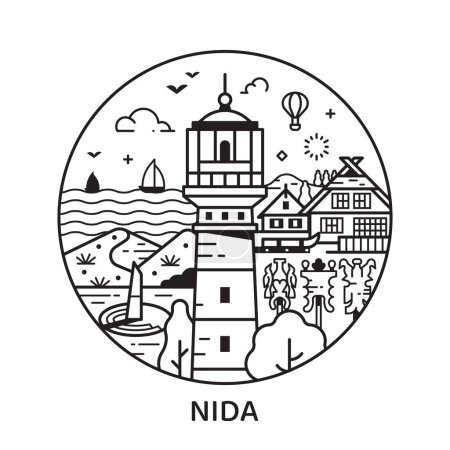 Illustration for Travel Nida icon inspired by famous solar clock, lighthouse, sand dunes and other city landmarks and tourist symbols. Thin line Lithuania town by Baltic sea circle emblem with famous places. - Royalty Free Image
