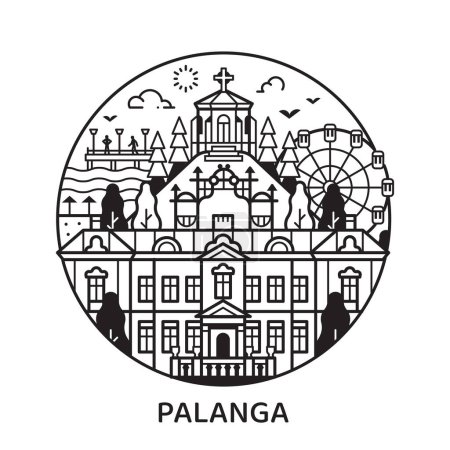 Illustration for Travel Palanga icon inspired by famous Amber museum, ferris wheel and other city landmarks and tourist symbols. Thin line Lithuania town by Baltic sea circle emblem with historic monuments. - Royalty Free Image