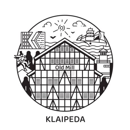 Viaje icono de Klaipeda inspirado en el famoso hotel casa unifamiliar, faro y otros lugares de interés de la ciudad y símbolos turísticos. Esbelta línea Lituania emblema círculo de la ciudad con monumentos arquitectónicos históricos.