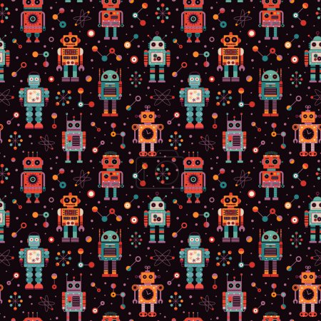 Illustration for Vintage robots and retro tin toys pattern. Classic old school mechanical toys colorful ornament. Space cyborgs and old wind up models on seamless background for textiles and fabric designs. - Royalty Free Image