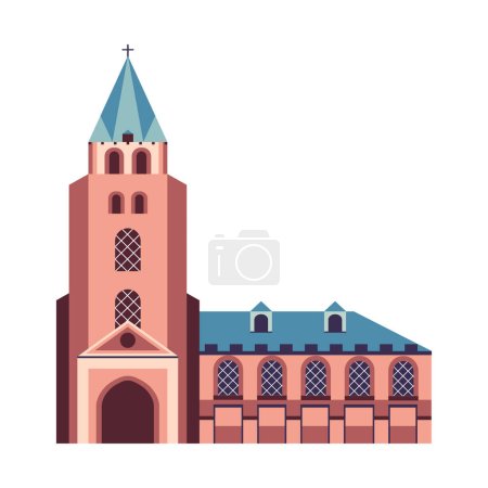 Illustration for Famous Paris monument icon inspired by Saint Germain des Pres church also known as St Germain. Famous architectural tourist landmark in capital of France in flat design. - Royalty Free Image