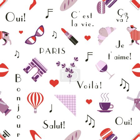 Illustration for Paris pattern with symbols of France. French bulldog dog in beret, croissant, macaroon, Louvre Pyramid, coffee, hot air balloons, lavender, mill and phrases in french on romantic seamless background. - Royalty Free Image