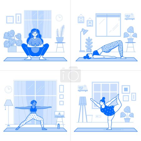 Ilustración de Escenas de ejercicios en casa en línea con chicas haciendo yoga en interiores o ejercicios de fitness. Diferentes jóvenes practicando yoga y estirándose en la sala de estar. - Imagen libre de derechos